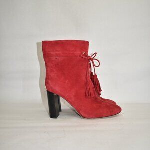 new $300 Kate Spade Hillie Suede Block Heel Bootie RED TASSLE TIE  9.5 (TPO15)